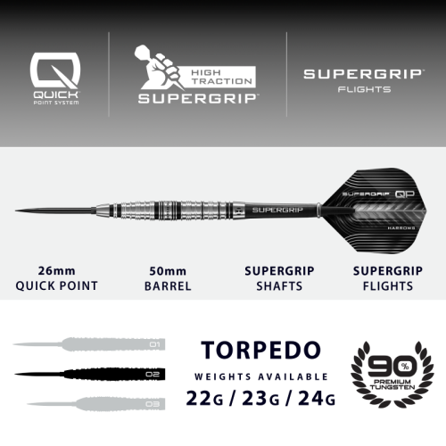 Preview: Harrows SUPERGRIP QP Torpedo Steeldart-Set 22, 23 oder 24 Gramm